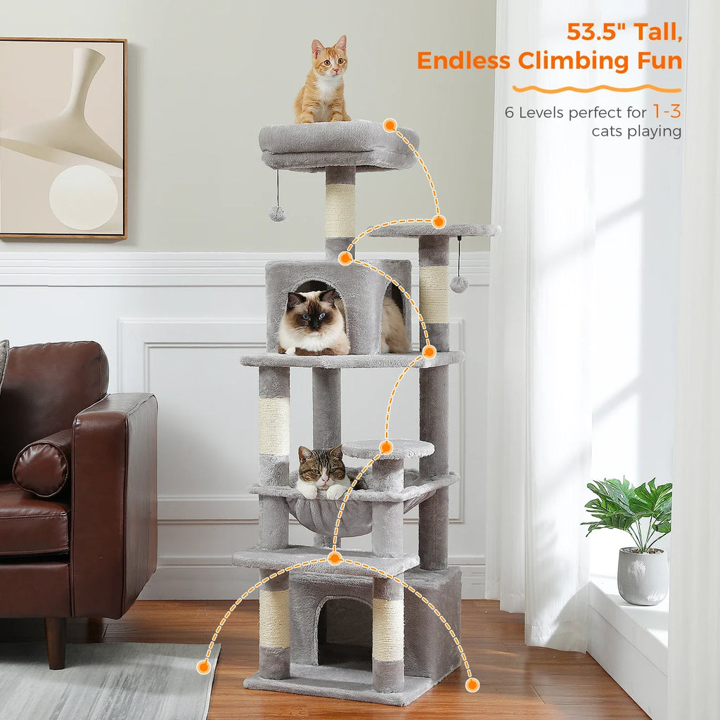 Large Cat Tree Tower - 72" Multi-Level with Condo Grey