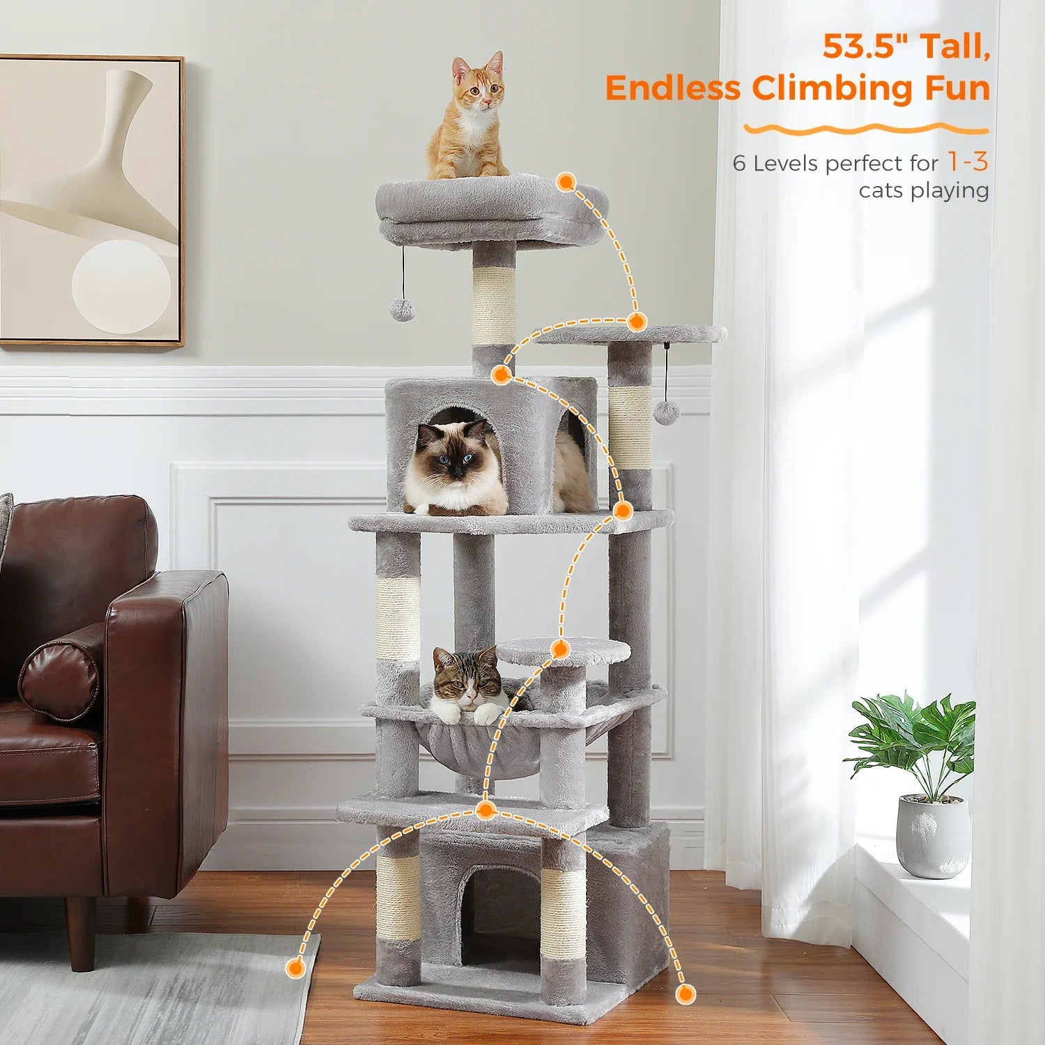 Large Cat Tree Tower - 72" Multi-Level with Condo Grey