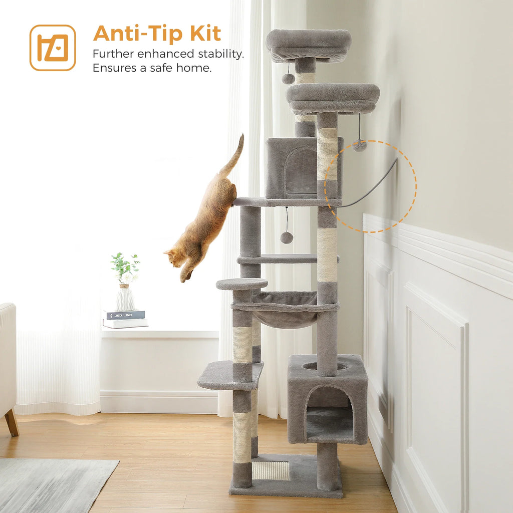 Large Cat Tree Tower - 72" Multi-Level with Condo Grey