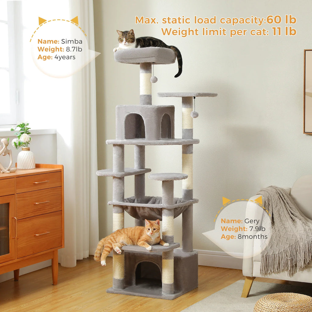 Large Cat Tree Tower - 72" Multi-Level with Condo Grey