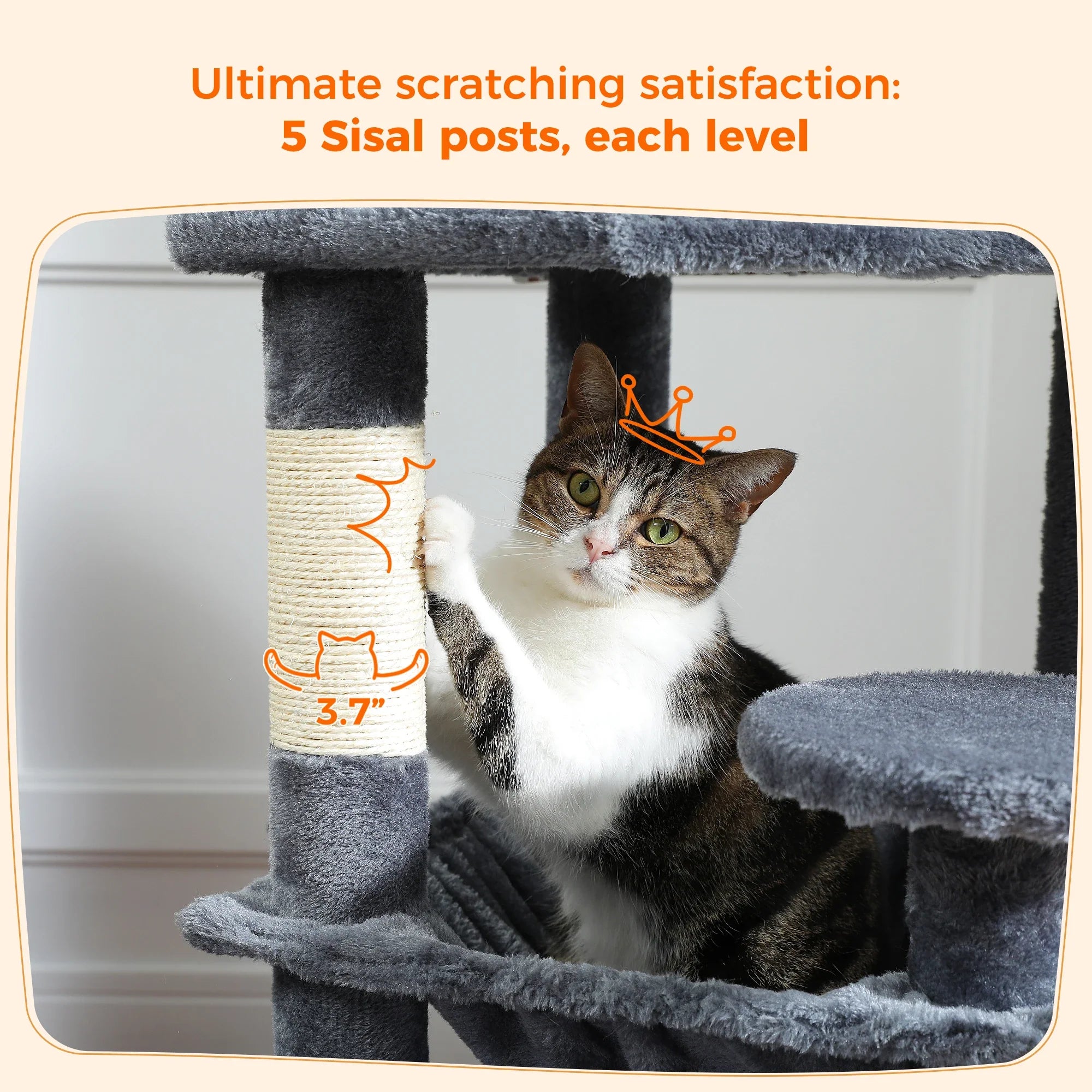Large Cat Tree Tower - 72" Multi-Level with Condo Grey