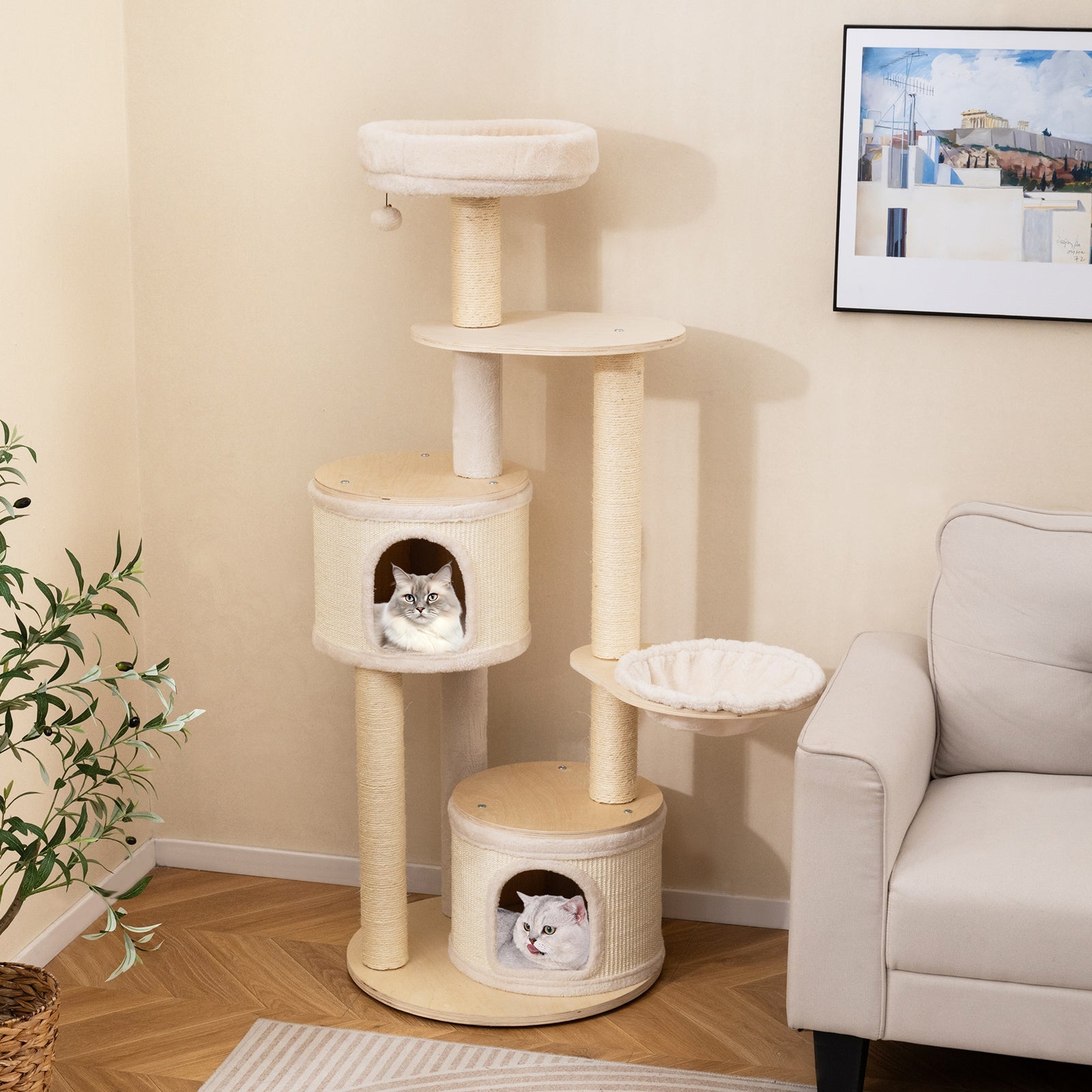 Medium Kitten Tower with Sisal Scratching Posts and 2 Condos-Natural