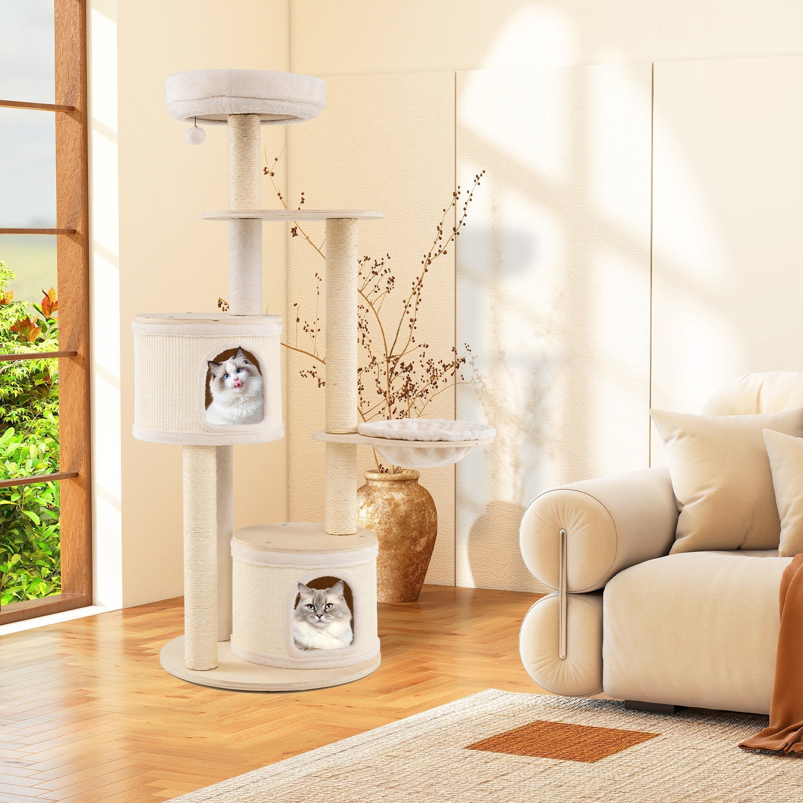 Medium Kitten Tower with Sisal Scratching Posts and 2 Condos-Natural