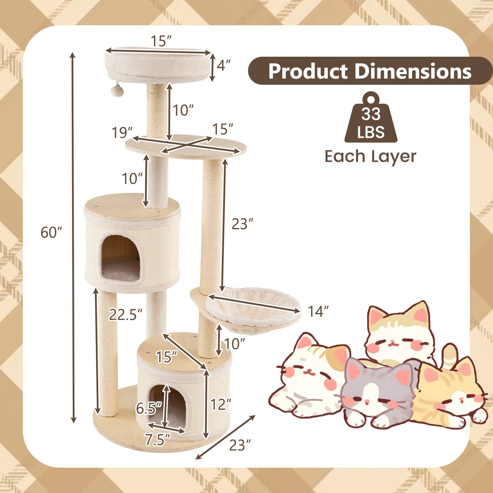 Medium Kitten Tower with Sisal Scratching Posts and 2 Condos-Natural