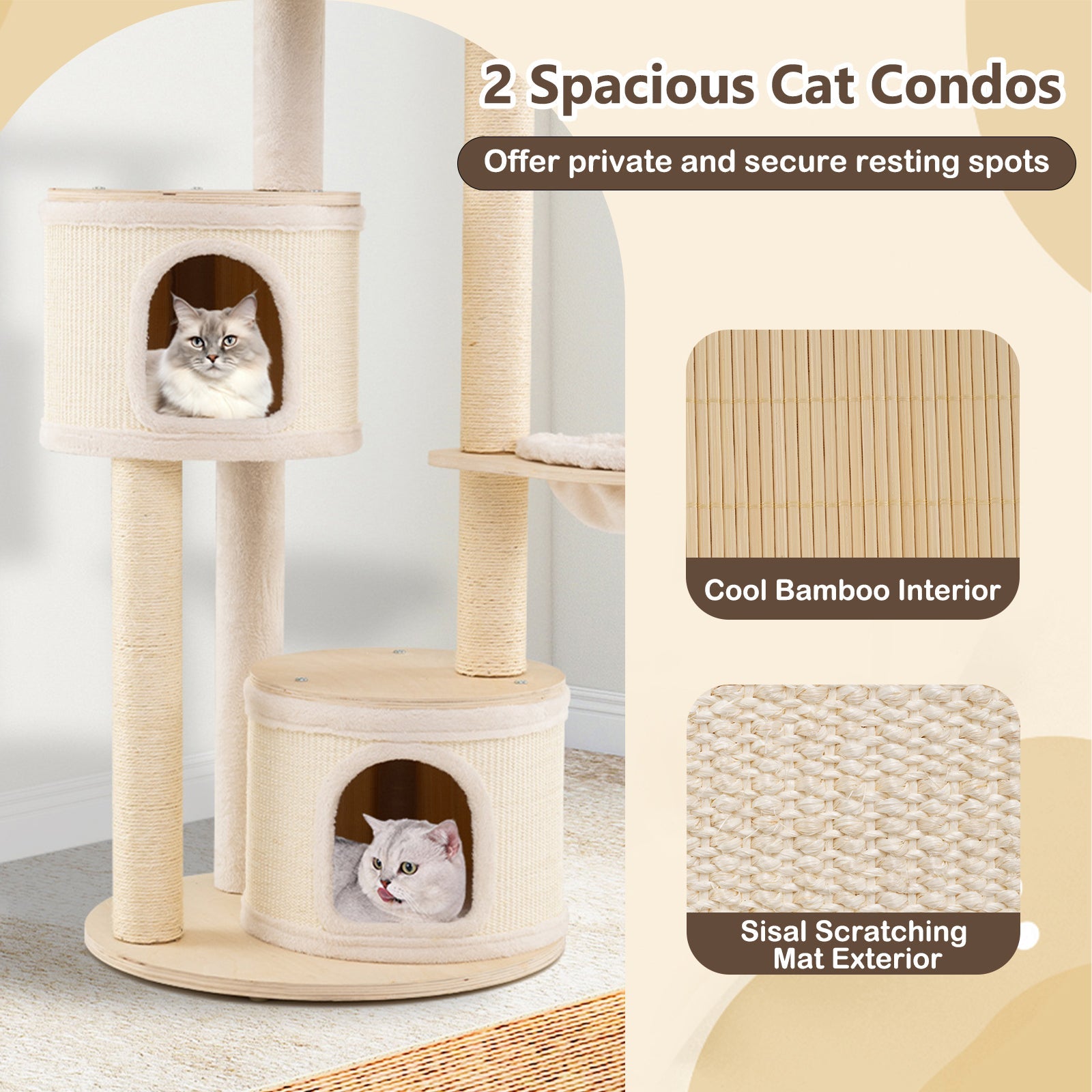 Medium Kitten Tower with Sisal Scratching Posts and 2 Condos-Natural