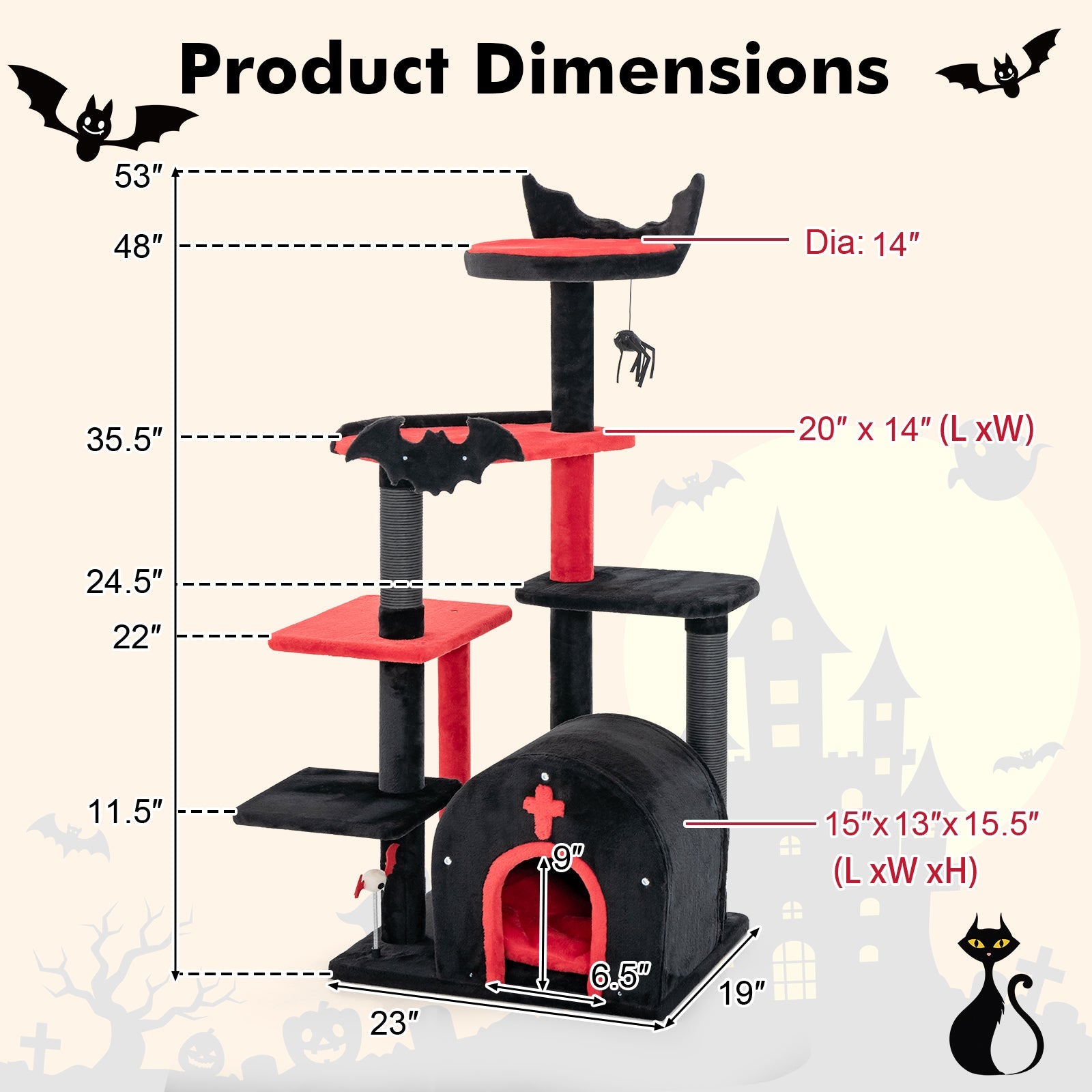 Gothic Medium Cat Tree with Cat Bed and Arch-Shaped Condo-Black