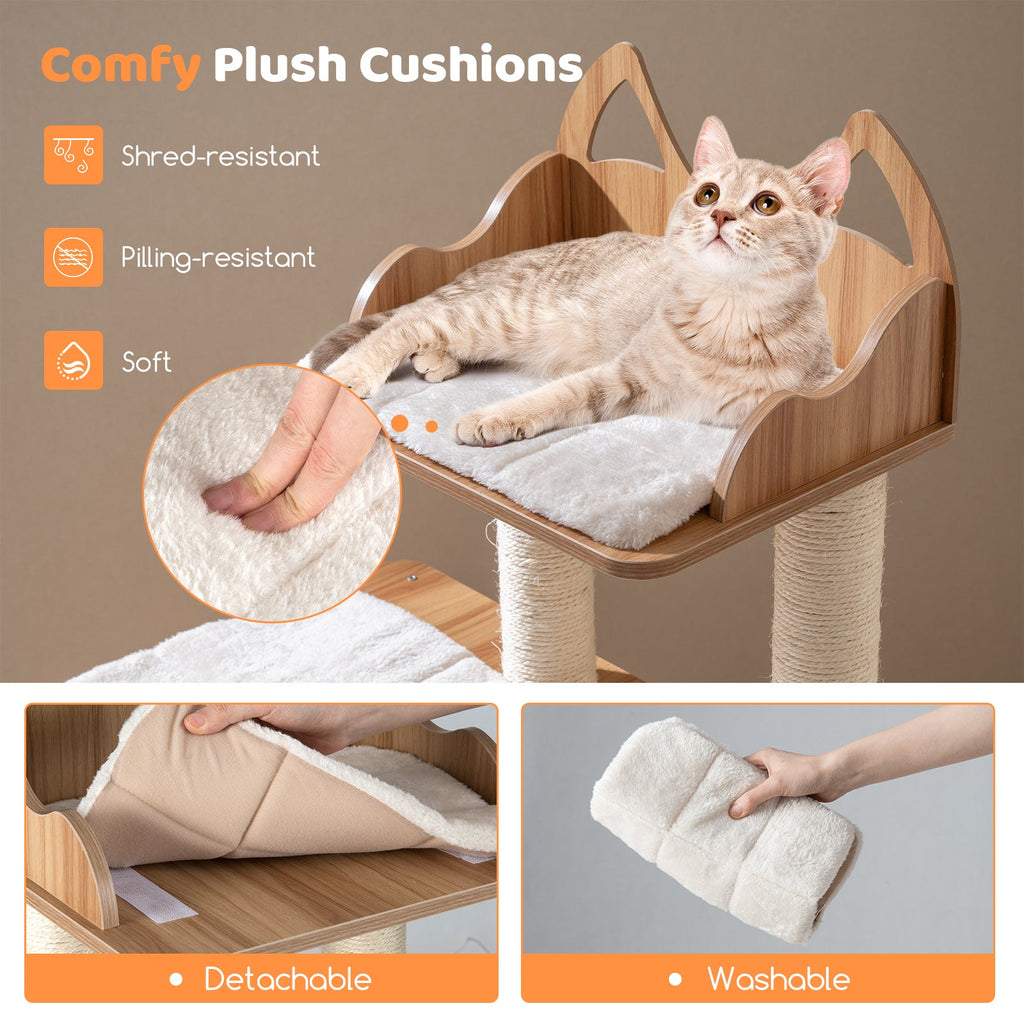 48 Inch Wooden Cat Tree with 2-Floor Condo and Washable Cushions-Natural