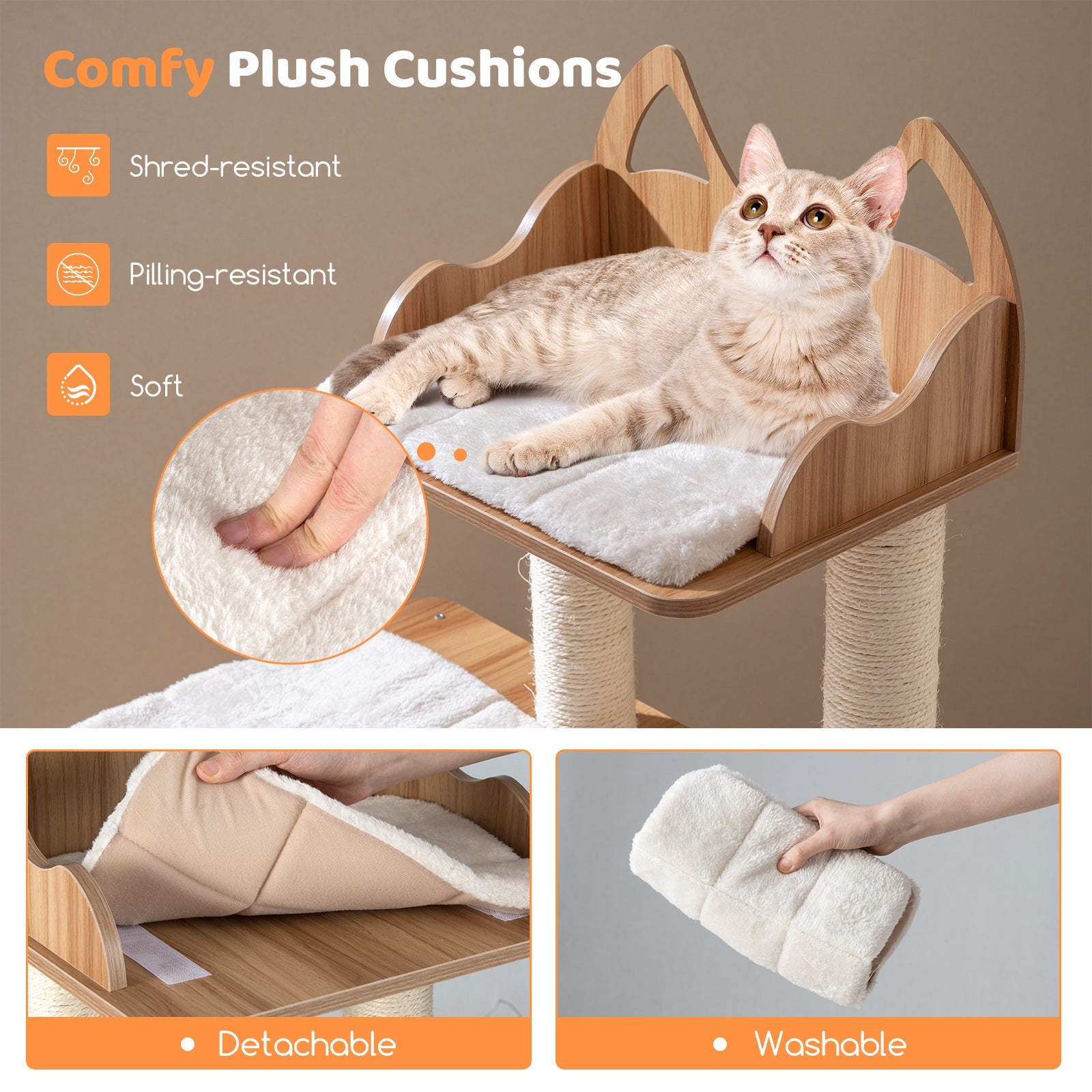 48 Inch Wooden Cat Tree with 2-Floor Condo and Washable Cushions-Natural