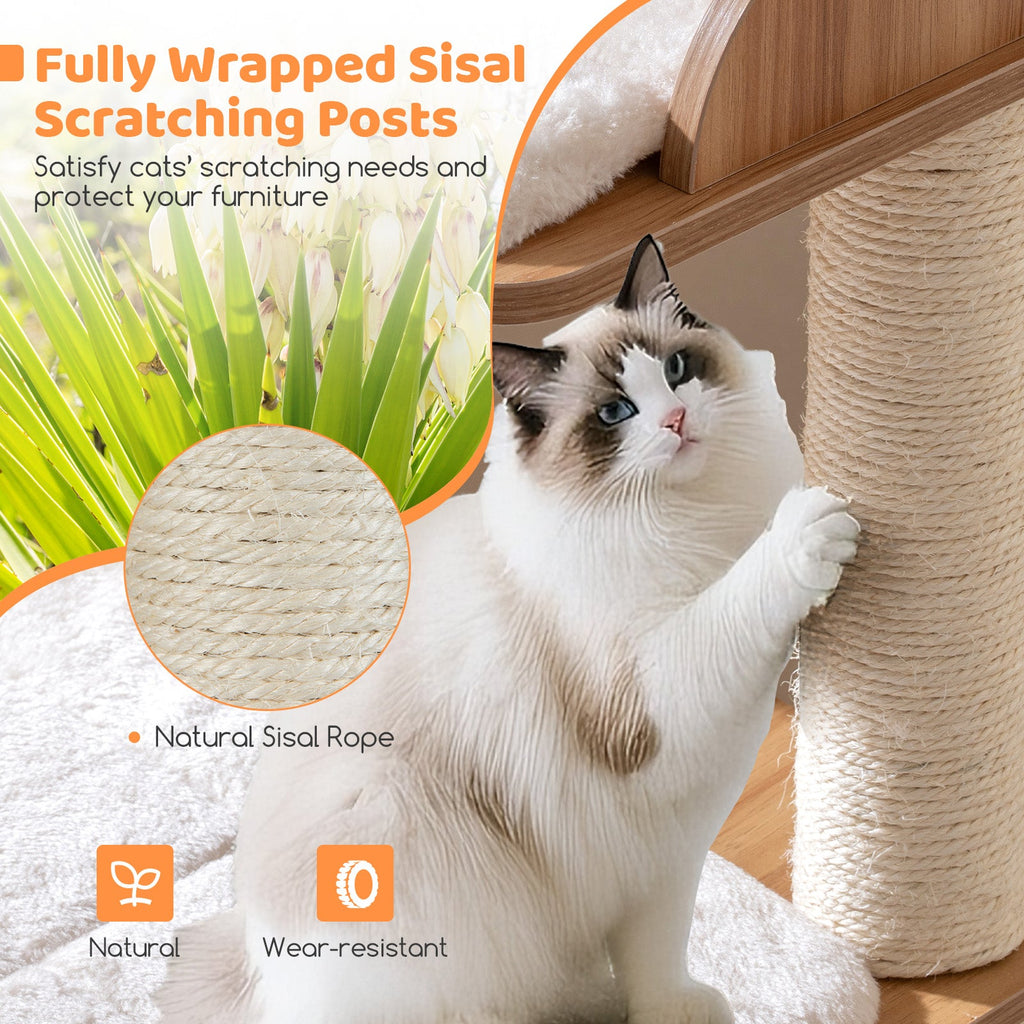 48 Inch Wooden Cat Tree with 2-Floor Condo and Washable Cushions-Natural